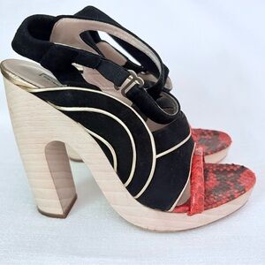 Dries Van Noten black suede sandals red snakeskin wooden heel platform gold trim